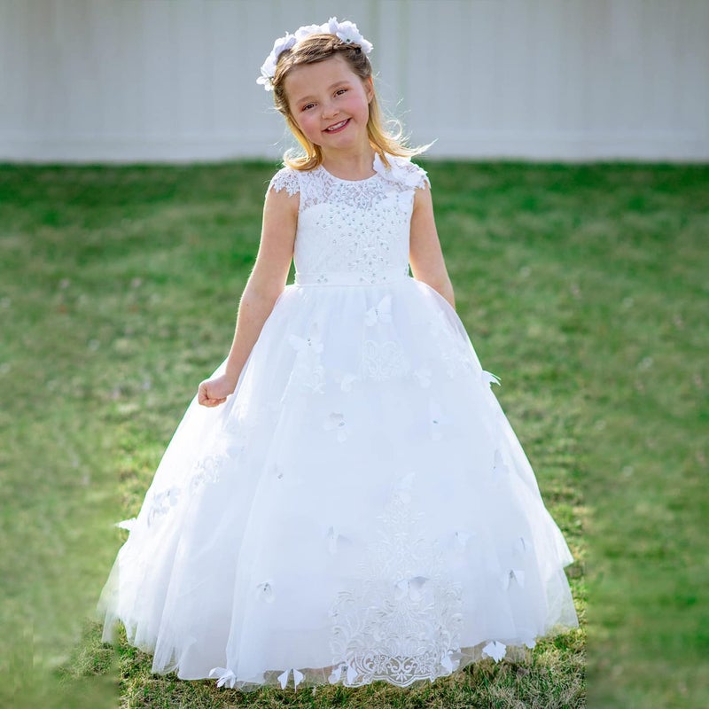 PLwedding Flower Girl Dress Kids Lace Beaded Pageant Ball Gowns (Size 12, B White) - Image 4